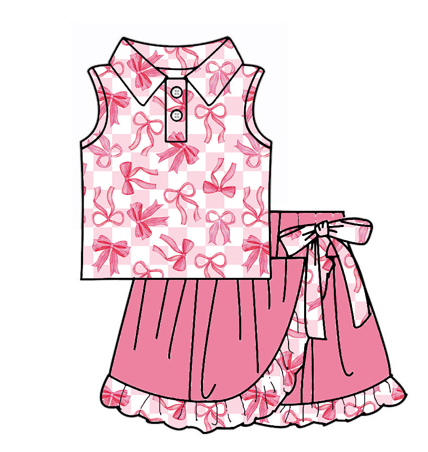 (Pre-order)GSD3480 Bows Plaid Top Hot Pink Skirts Girls Summer Yoga Clothes Set