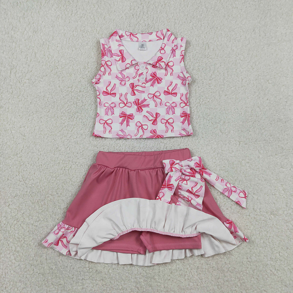 GSD3480 Bows Plaid Top Ruffle Skirts Shorts Girls Summer Yoga Clothes Set