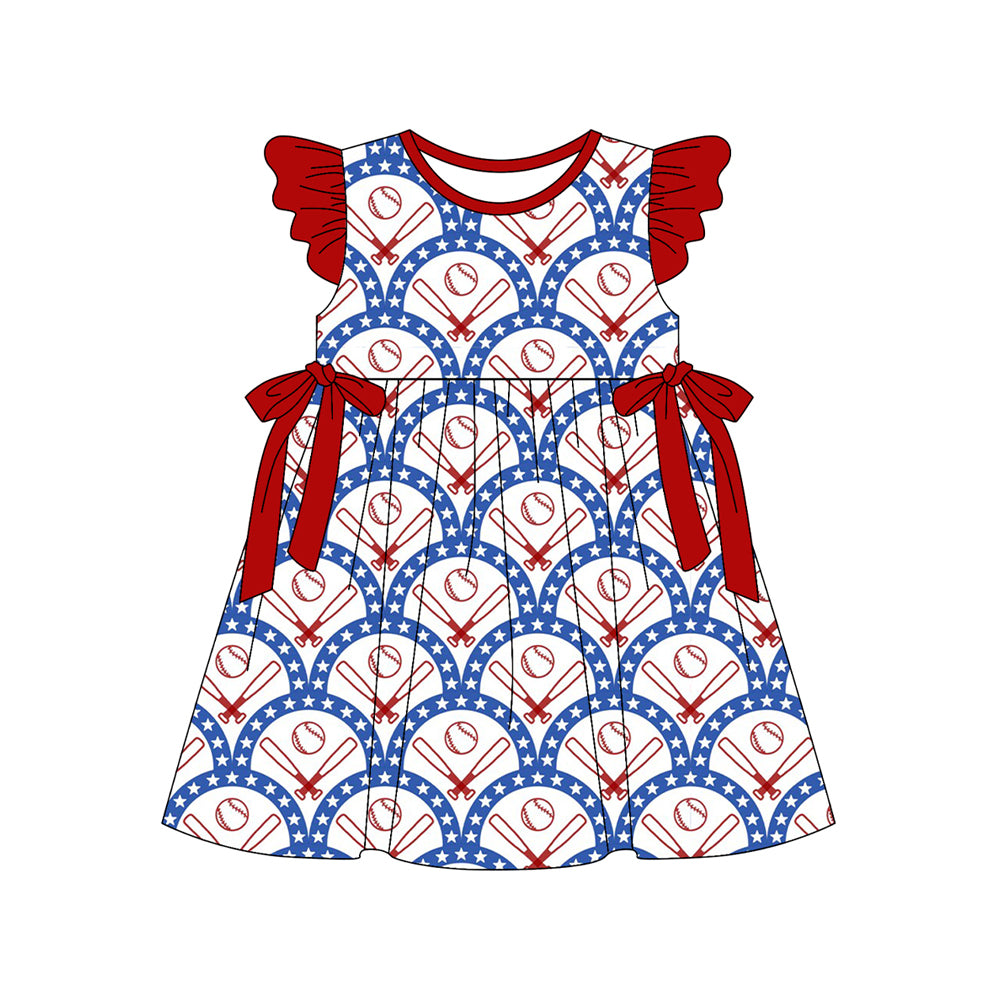 (Pre-order)GSD3483 Baseball Stars Print Girls 4th of July Knee Length Dress