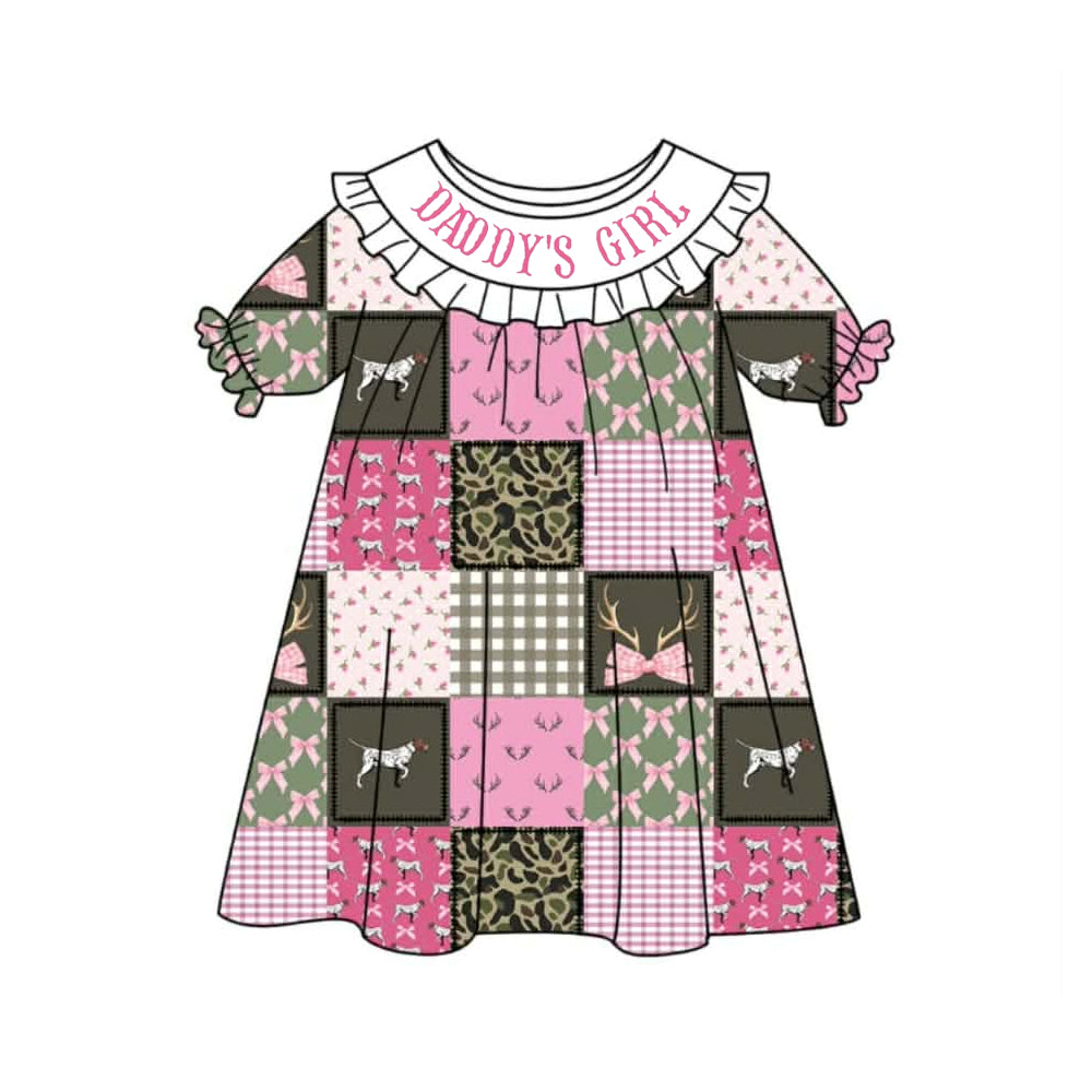 (Pre-order)GSD3484 Daddy's Girl Pink Bows Dog Plaid Print Girls Summer Knee Length Dress