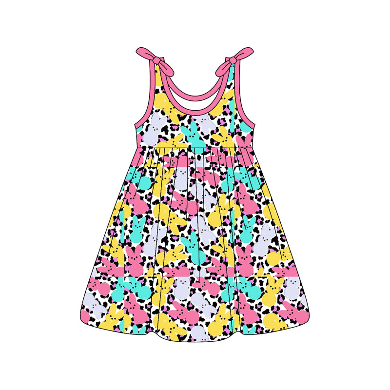 (Pre-order)GSD3485 Colorful Bunny Print Girls Easter Knee Length Dress