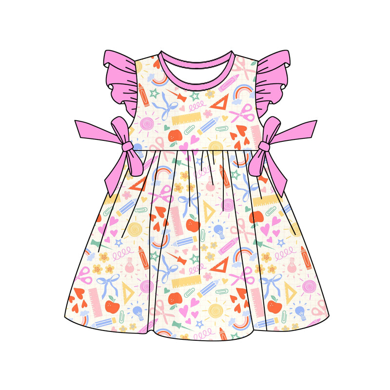 (Pre-order)GSD3487 Pen Apple Rainbow Bows Print Girls Back to School Knee Length Dress