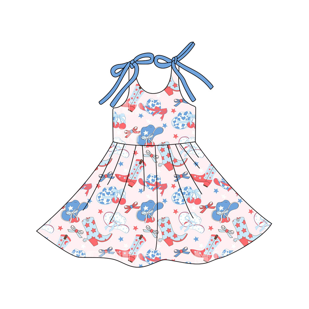 (Pre-order)GSD3489 Boots Hat Bows Stars Print Girls 4th of July Knee Length Dress
