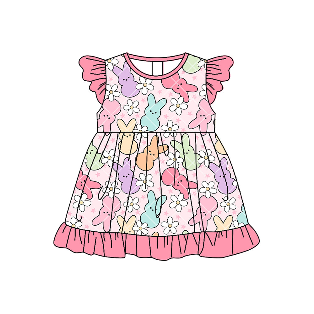 (Pre-order)GSD3491 Colorful Bunny Flowers Print Girls Easter Knee Length Dress