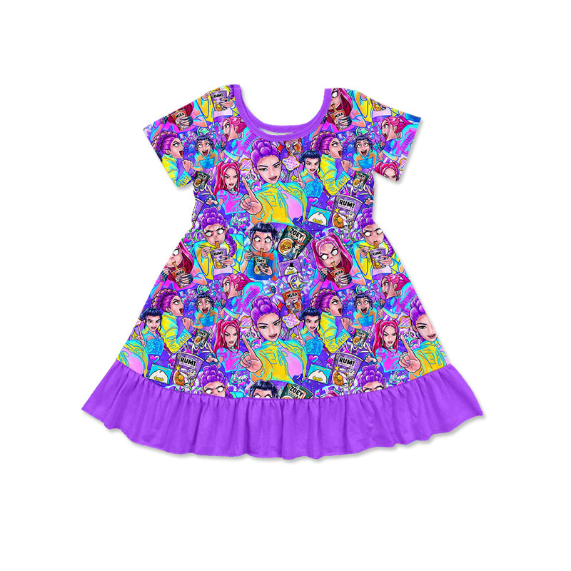(Pre-order)GSD3494 Cartoon Demon Movie Purple Print Girls Summer Knee Length Dress