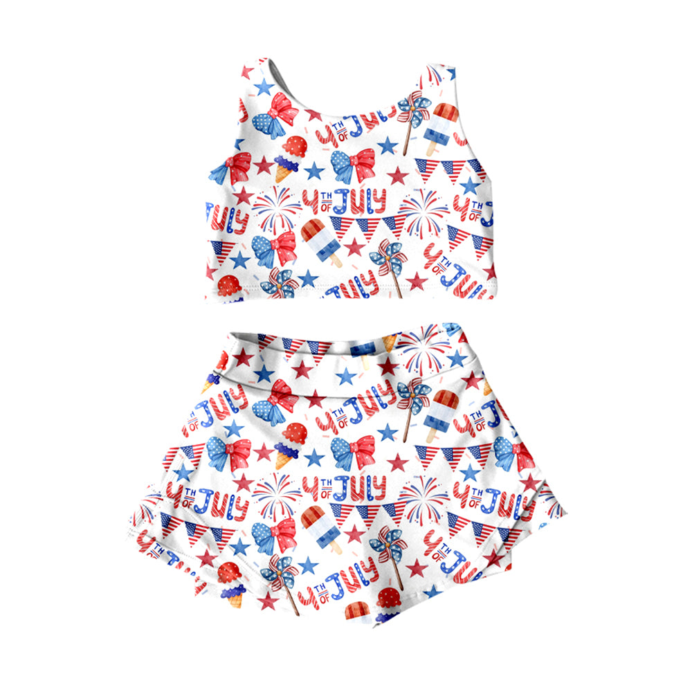 (Pre-order)GSD3498 Popsicle Stars Bows Top Shorts Skirts Girls 4th of July Yoga Clothes Set