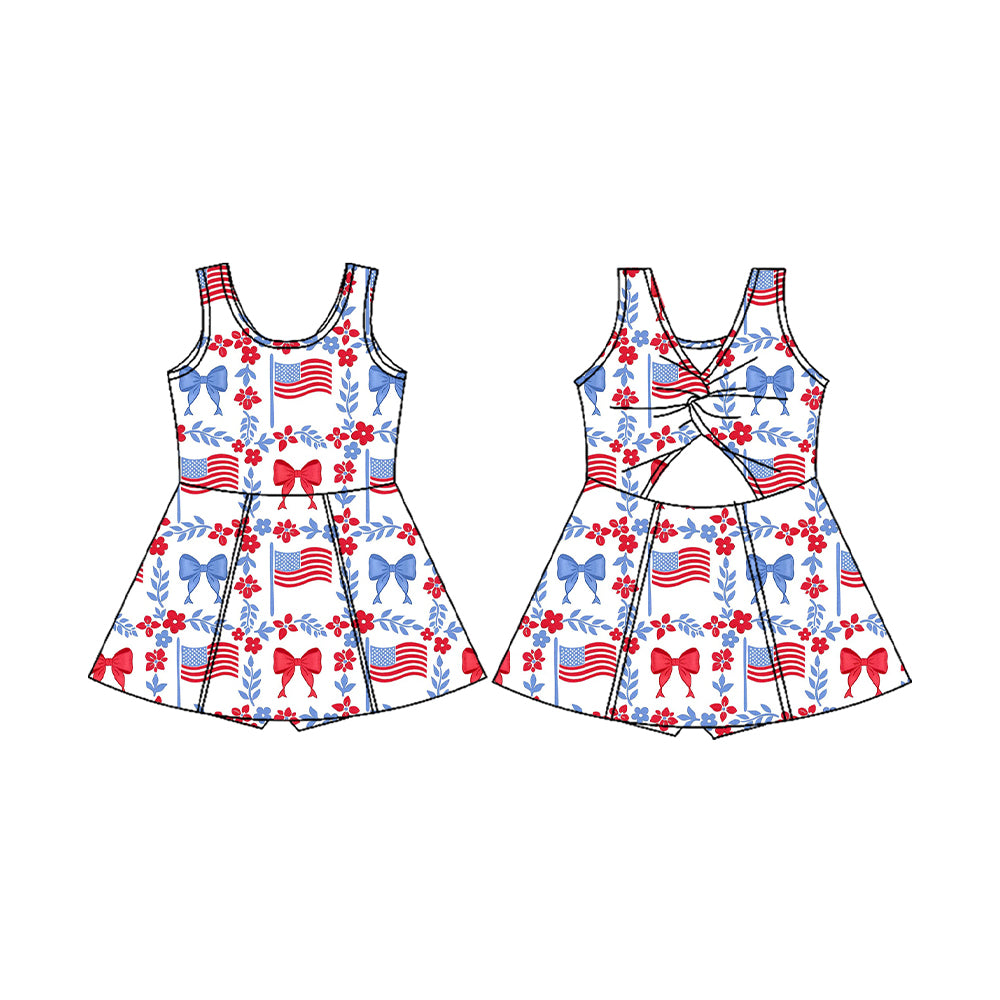 (Pre-order)GSD3500 Flag Bows Flowers Print Girls 4th of July Knee Length Yoga Dress