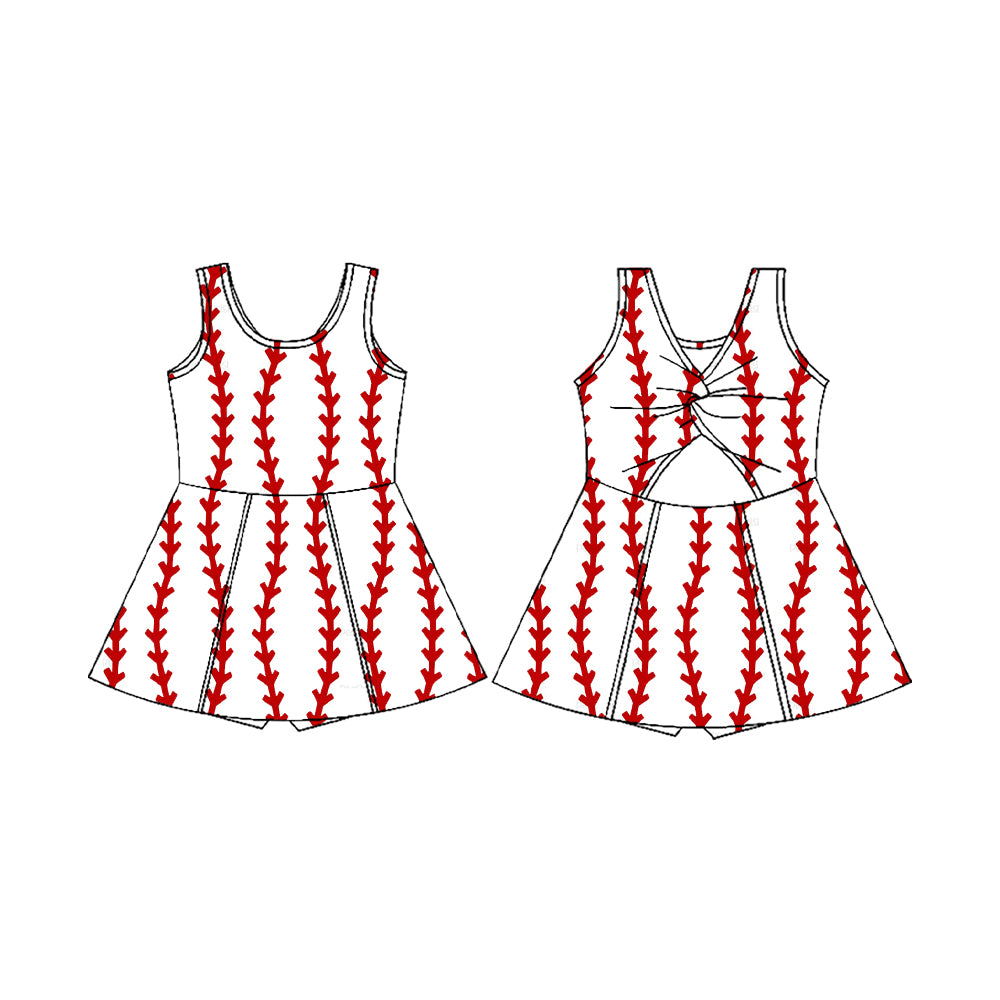 (Pre-order)GSD3501 Baseball Print Girls Summer Knee Length Yoga Dress