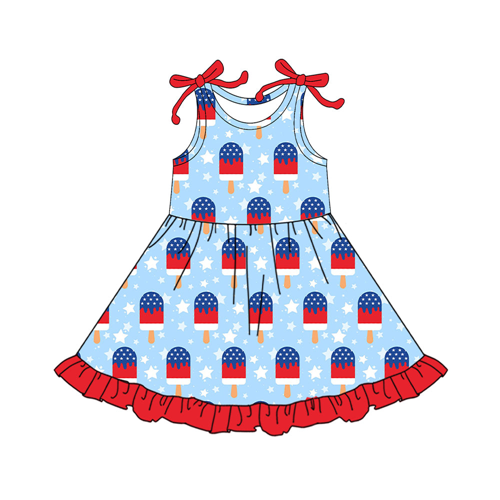 (Pre-order)GSD3502 Popsicle Stars Print Girls 4th of July Knee Length Dress