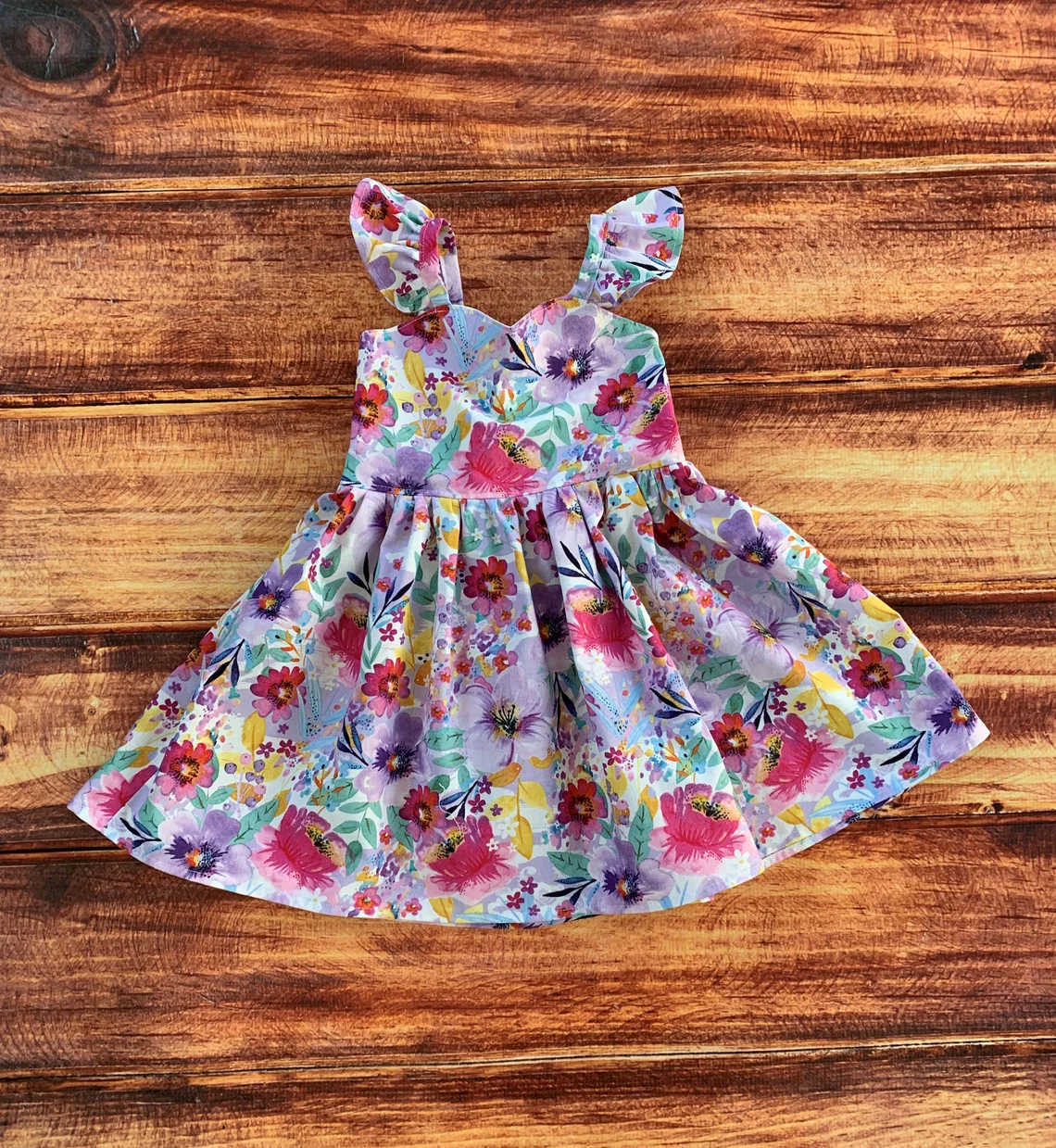 (Pre-order)GSD3505 Purple Flowers Print Girls Summer Knee Length Dress