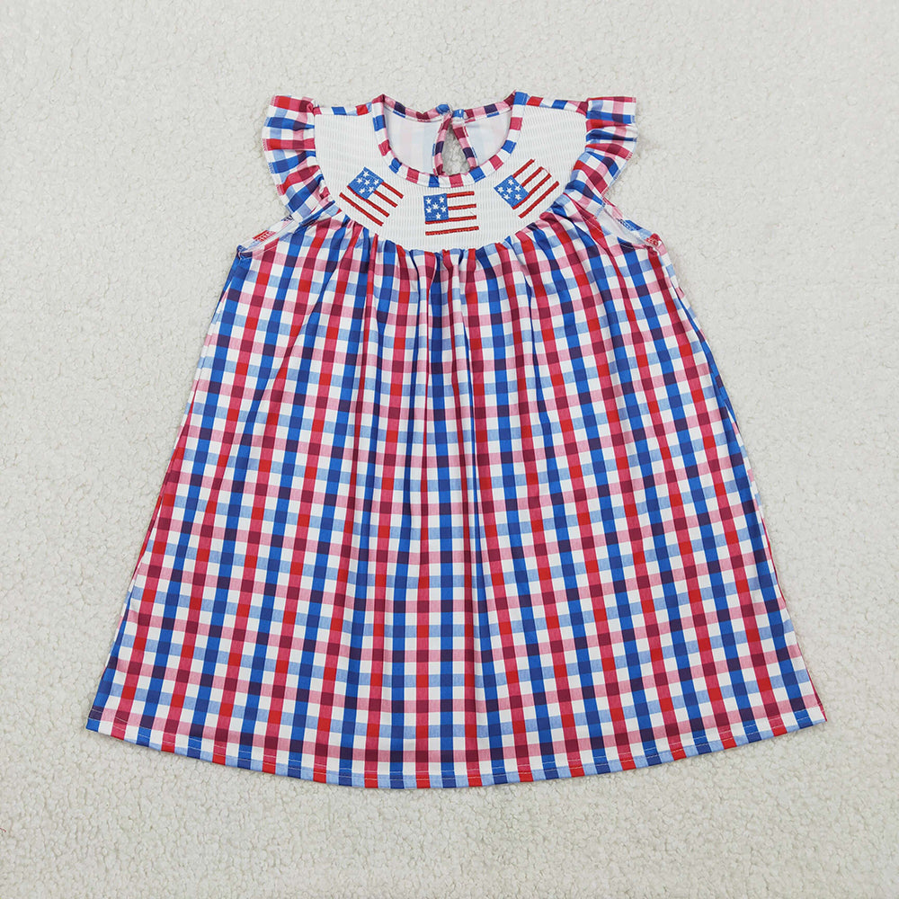GSD3506 Flag Embroidery Plaid Print Girls 4th of July Knee Length Smocked Dress