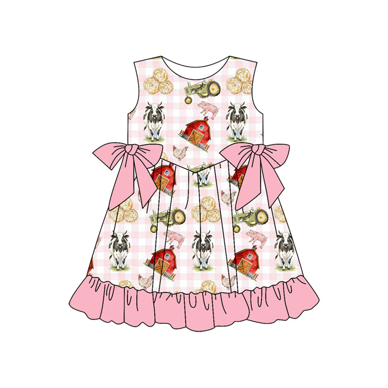 (Pre-order)GSD3507 Farm Animals Pink Plaid Print Girls Summer Knee Length Dress