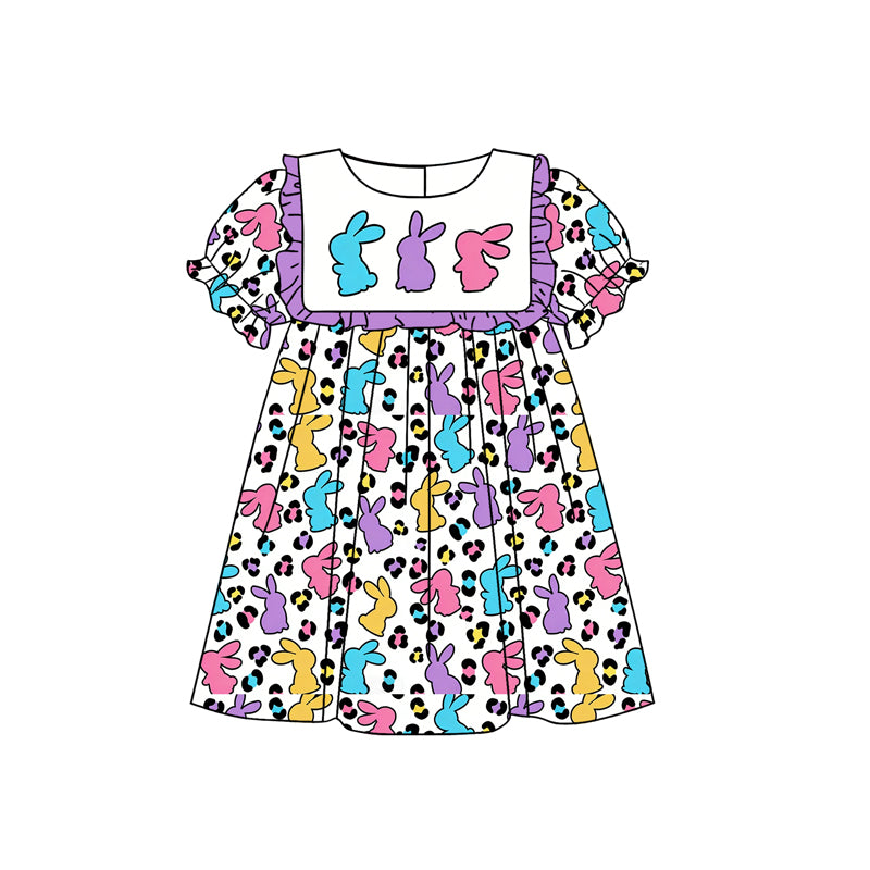 (Pre-order)GSD3509 Colorful Bunny Leopard Print Girls Easter Knee Length Dress