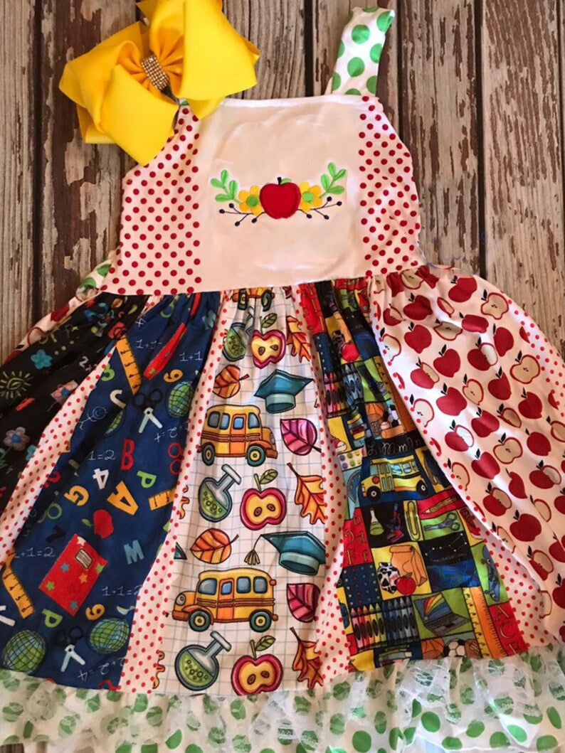 (Pre-order)GSD3512 Apple ABC Dots Print Girls Back to School Knee Length Dress