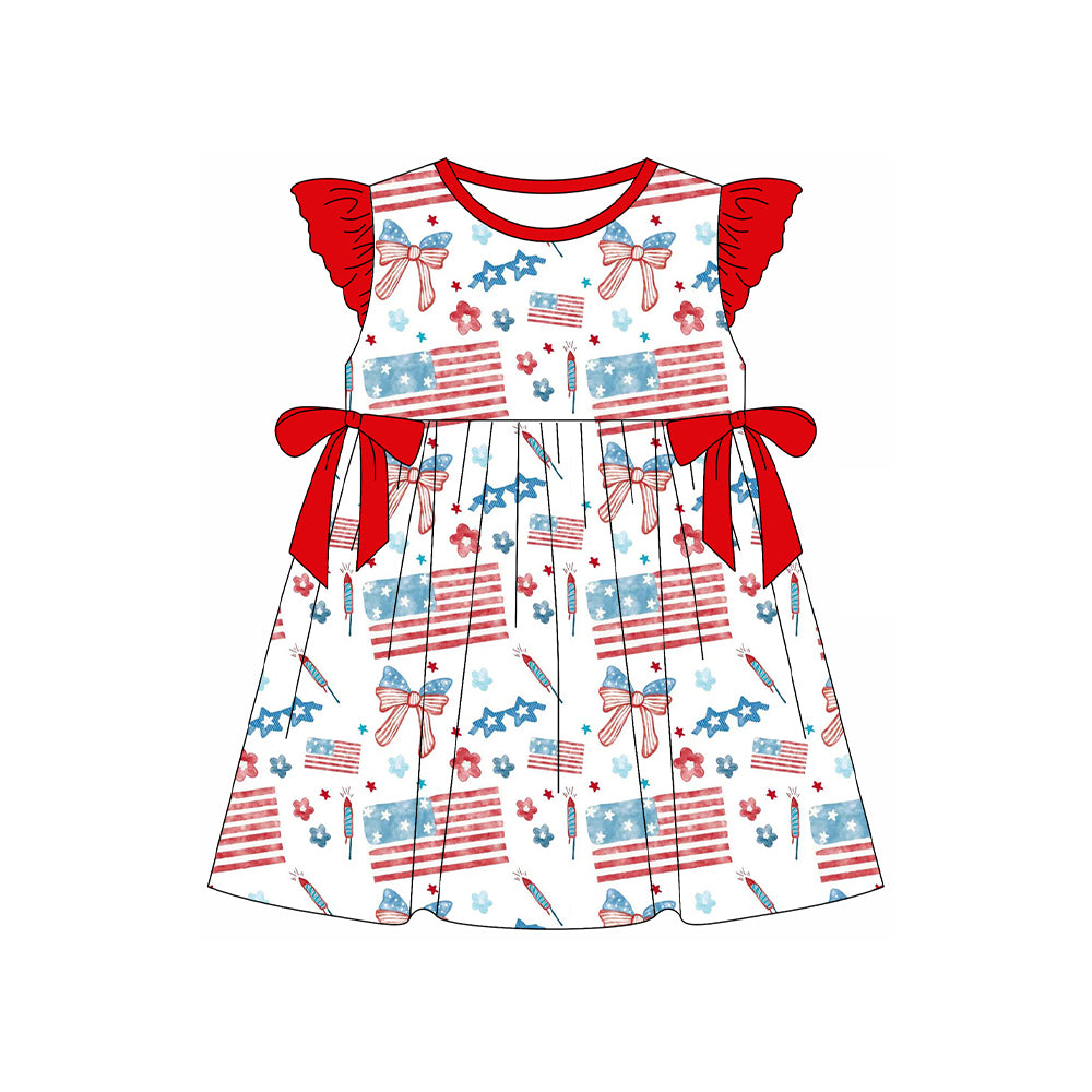 (Pre-order)GSD3513 Flag Bows Stars Print Girls 4th of July Knee Length Dress