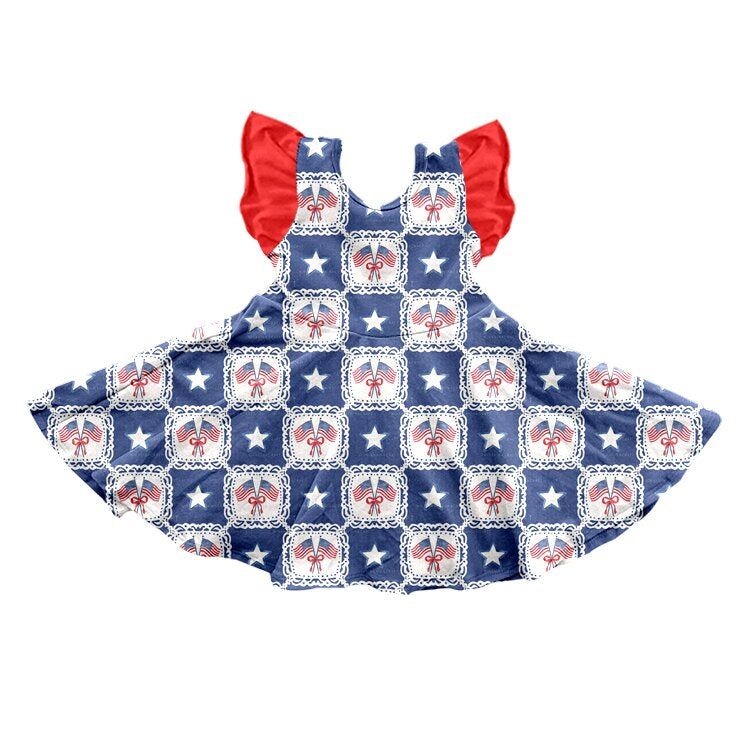 (Pre-order)GSD3514 Flag Stars Print Girls 4th of July Knee Length Dress