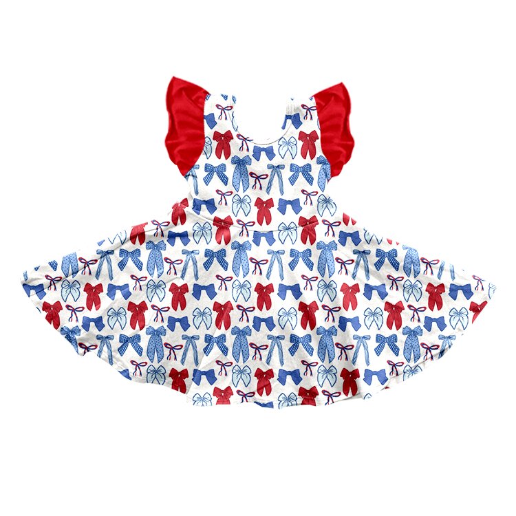 (Pre-order)GSD3515 Red Blue Bows Print Girls 4th of July Knee Length Dress