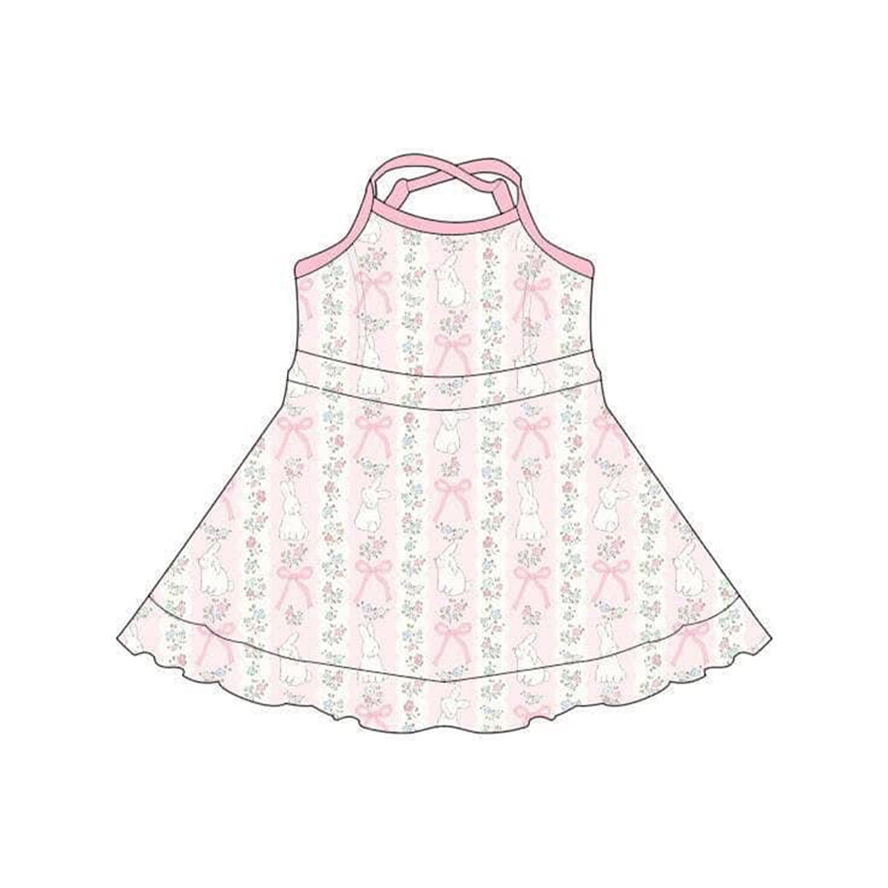 (Pre-order)GSD3517 Bunny Small Flowers Bows Print Ruffle Girls Easter Knee Length Yoga Dress