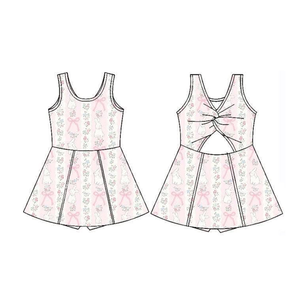 (Pre-order)GSD3518 Bunny Small Flowers Bows Print Backless Girls Easter Knee Length Yoga Dress