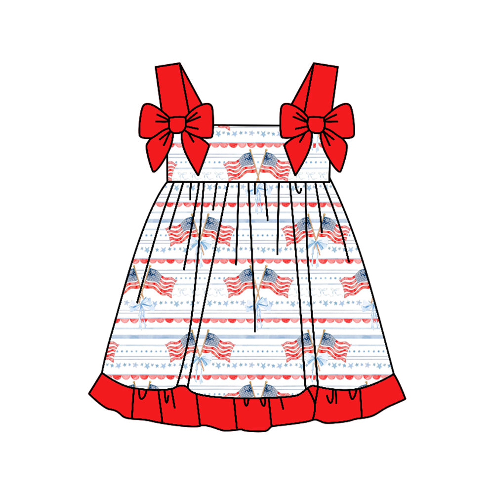 (Pre-order)GSD3538 Flag Bows Stars Print Girls 4th of July Knee Length Dress