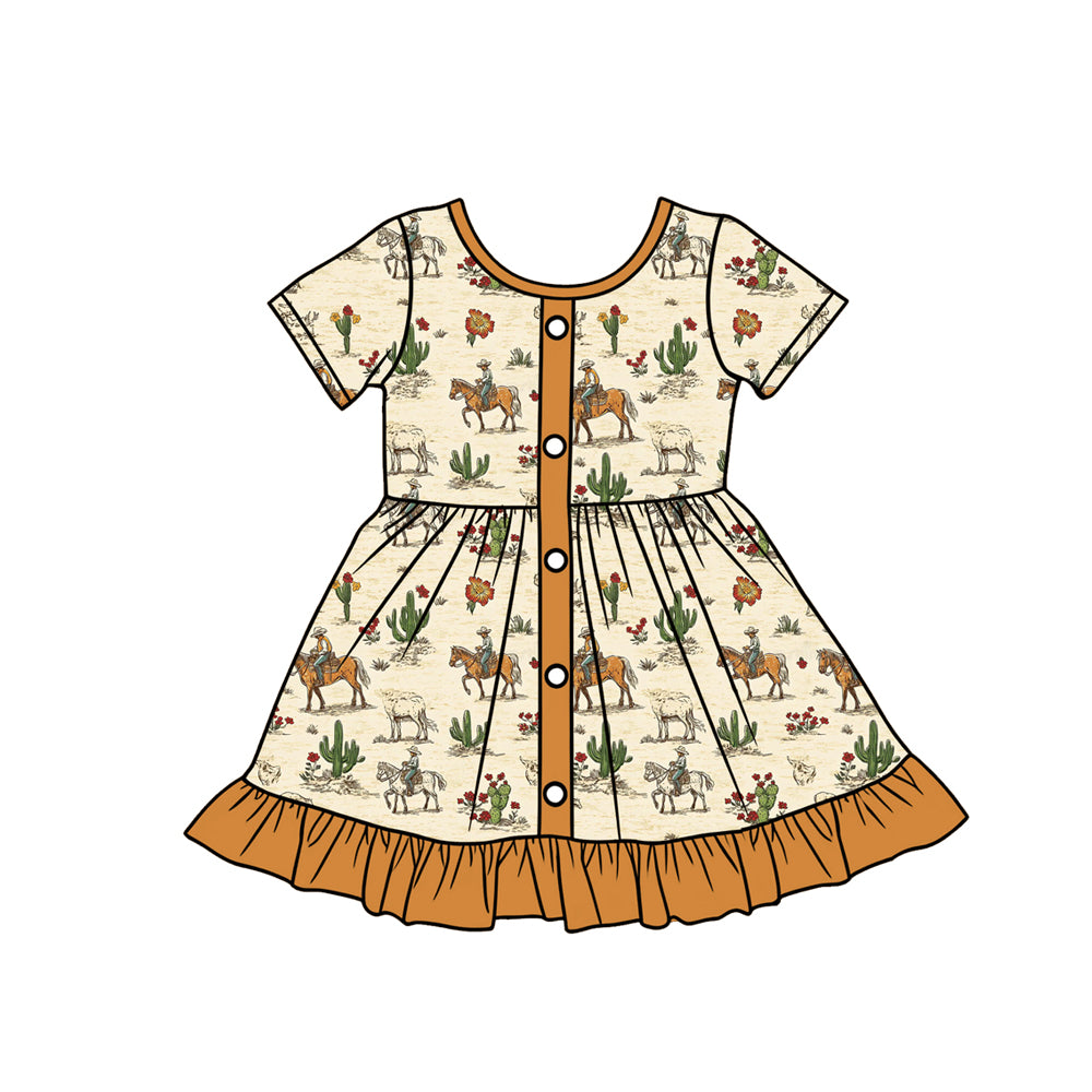 (Pre-order)GSD3548 Cowboy Cactus Print Girls Summer Knee Length Dress