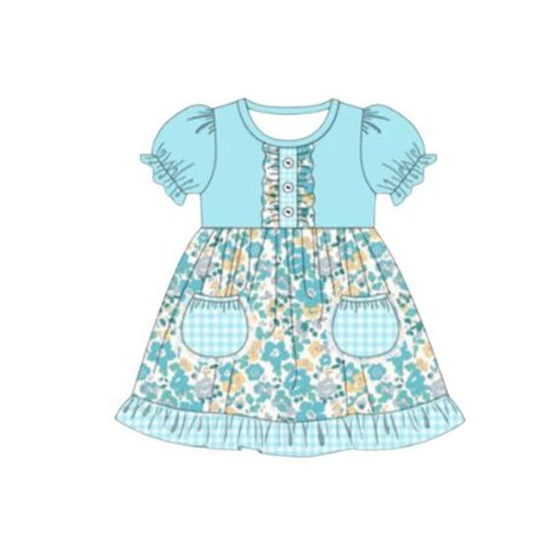 (Pre-order)GSD3553 Flowers Blue Print Pockets Girls Summer Knee Length Dress