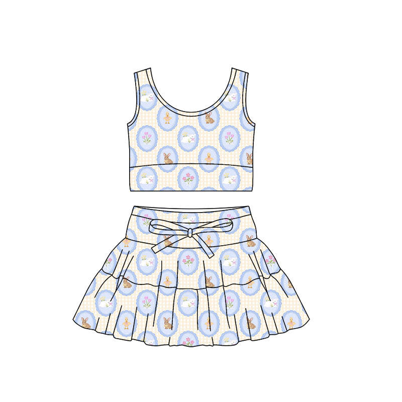 (Pre-order)GSD3562 Bunny Flowers Top Shorts Skirts Girls Easter Yoga Clothes Set