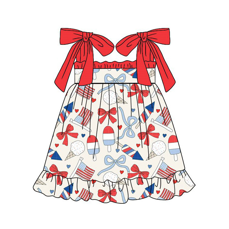 (Pre-order)GSD3723 Flag Bows Print Girls 4th of July Knee Length Dress