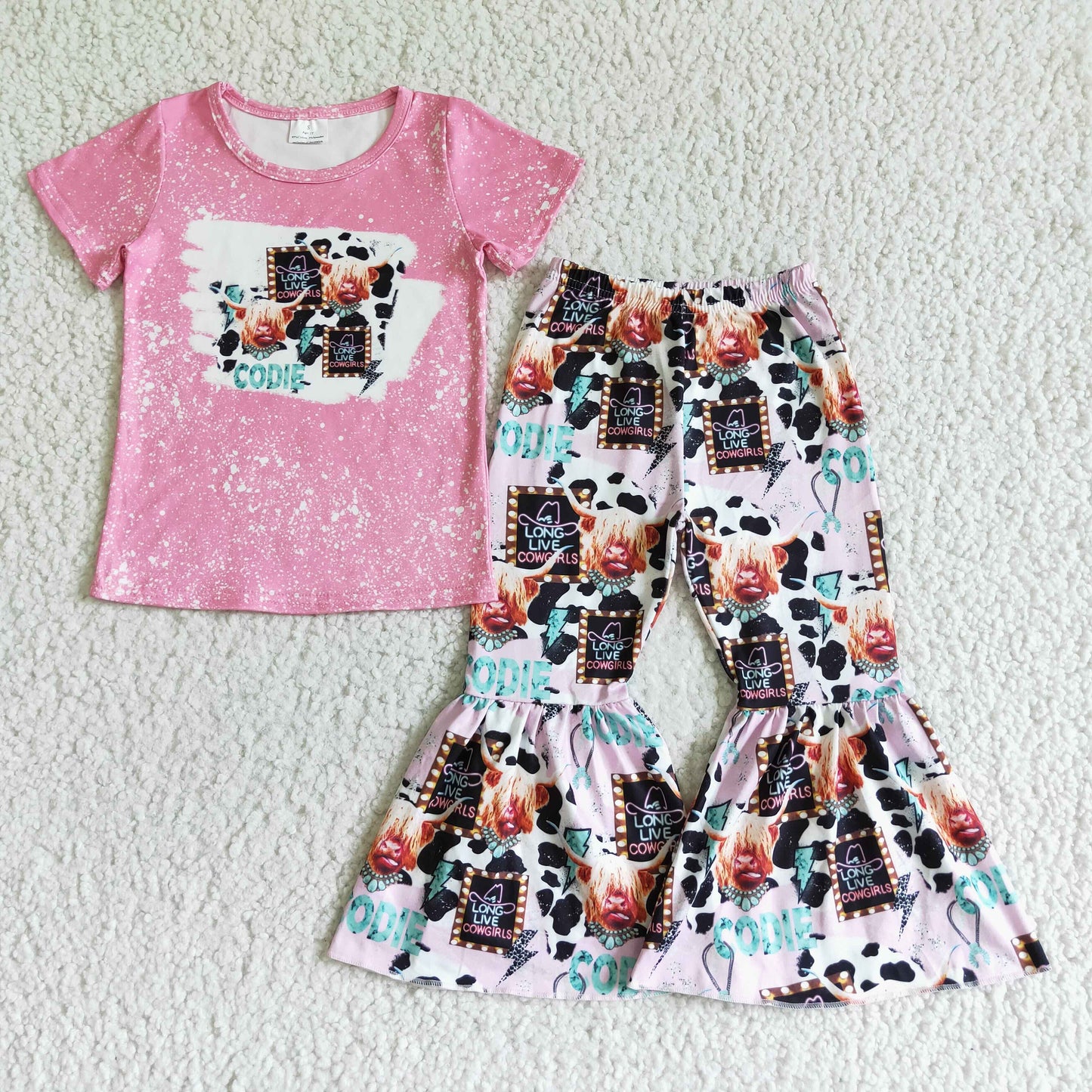 8 Colors Highland Cow Western Print Bell Pants Girls Clothes Set