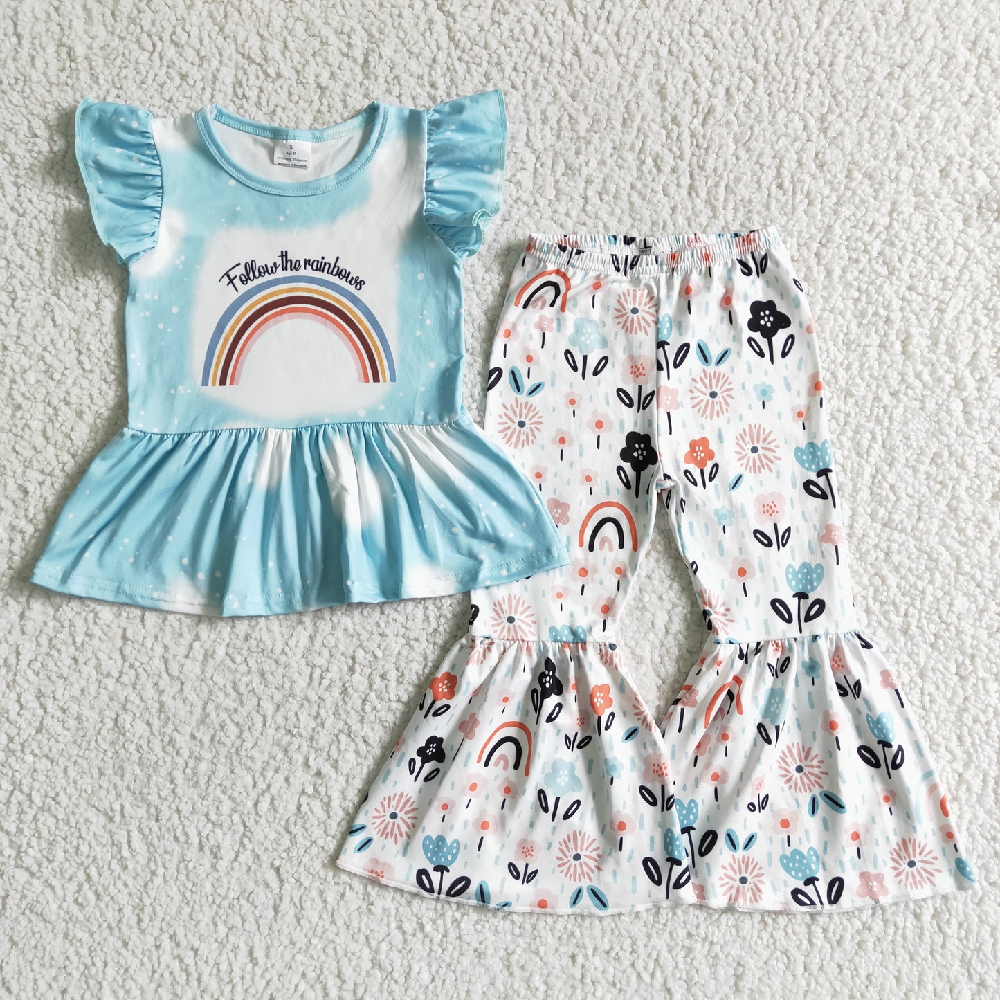 (Promotion)GSPO0063 Rainbow Flowers Bell Pants Girls Clothes Sets