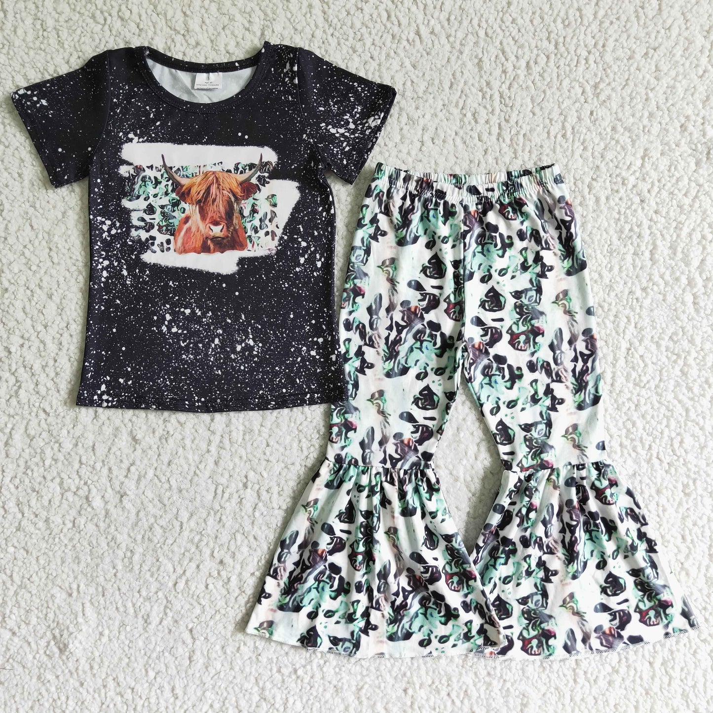 7 Colors Highland Cow Western Print Bell Pants Girls Clothes Set