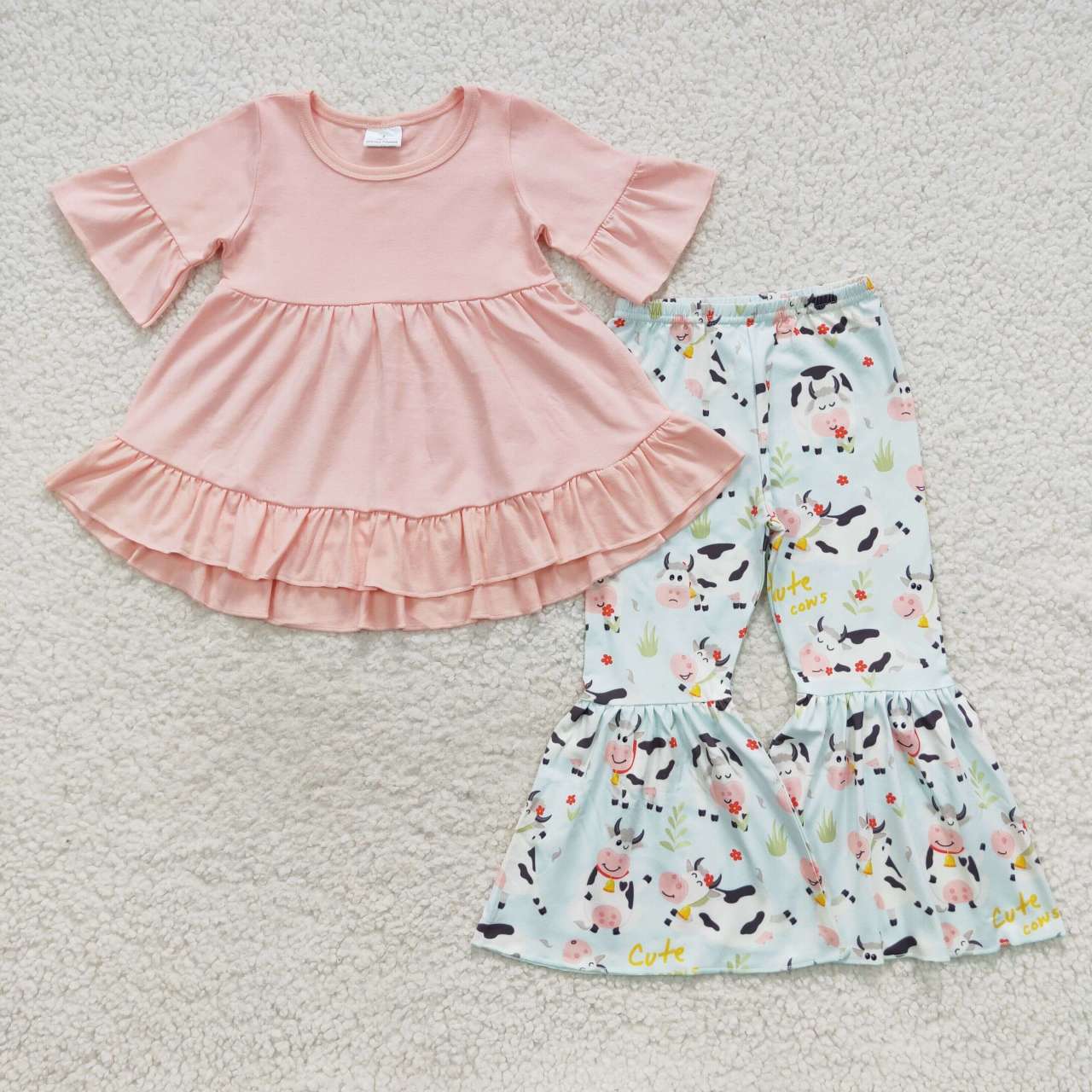 (Promotion)GSPO0115 Pink ruffle cotton top cow bell pants girls clothes set