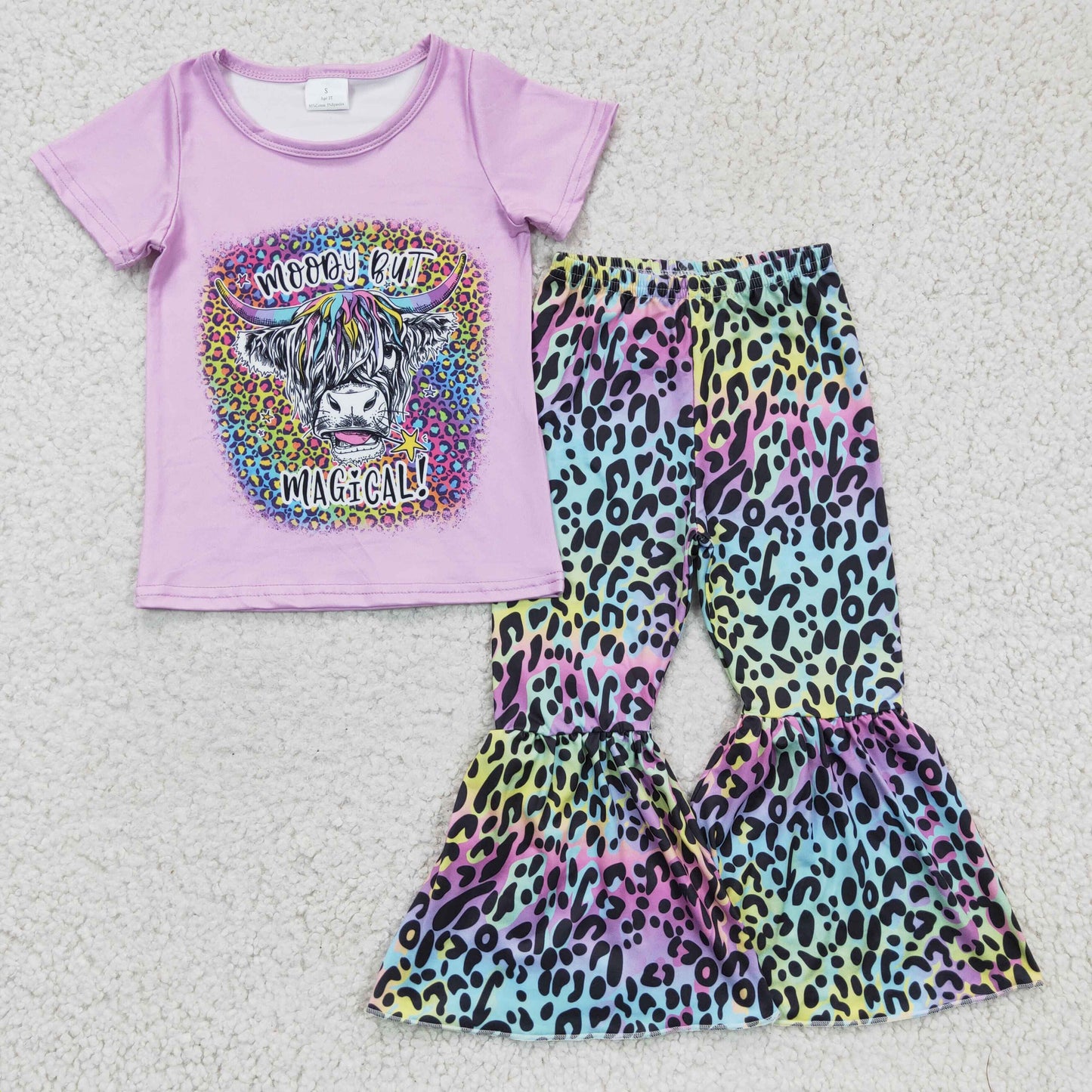 7 Colors Highland Cow Western Print Bell Pants Girls Clothes Set