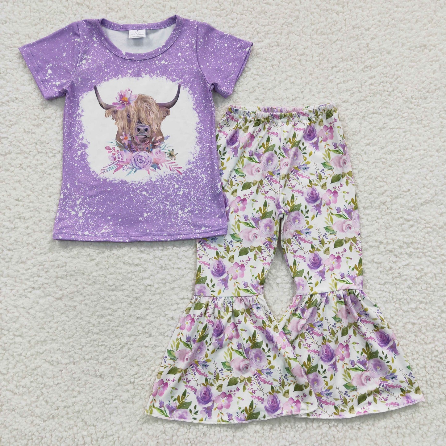 8 Colors Highland Cow Western Print Bell Pants Girls Clothes Set