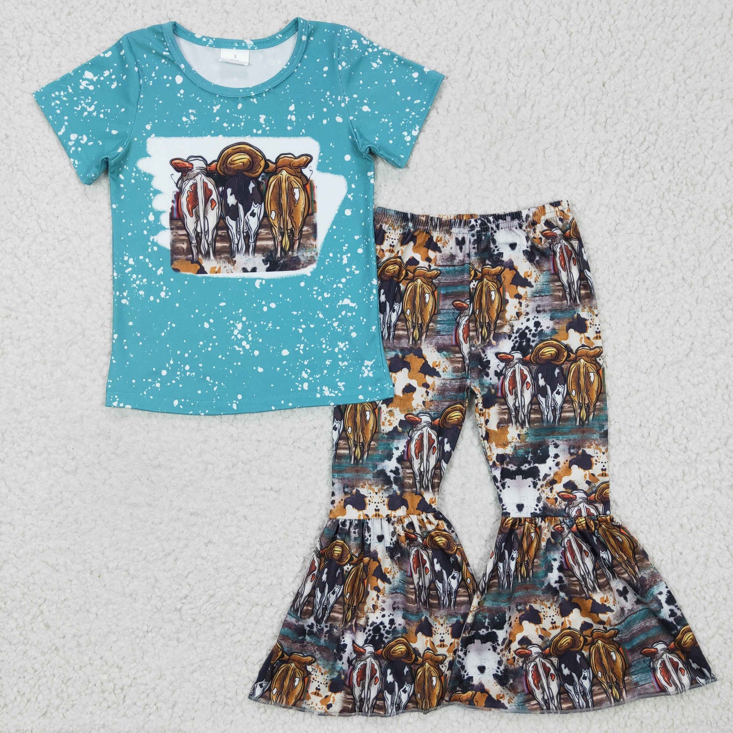 7 Colors Highland Cow Western Print Bell Pants Girls Clothes Set