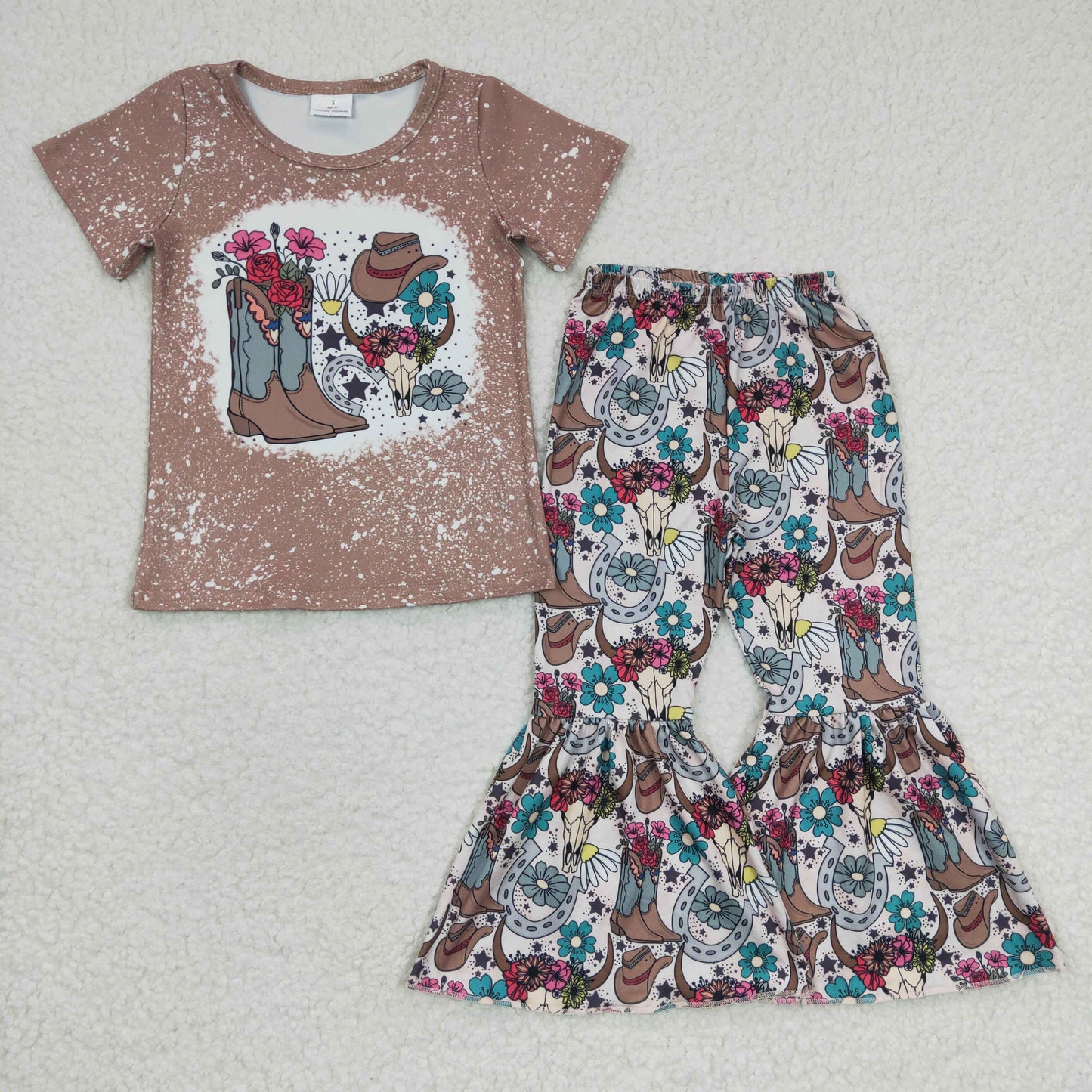 7 Colors Cow Skull Western Print Bell Pants Girls Clothes Set