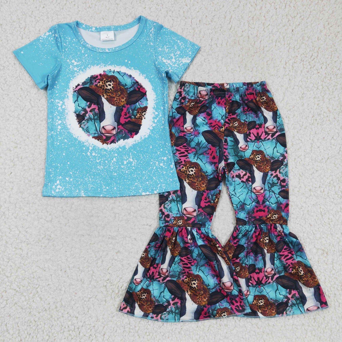 8 Colors Highland Cow Western Print Bell Pants Girls Clothes Set