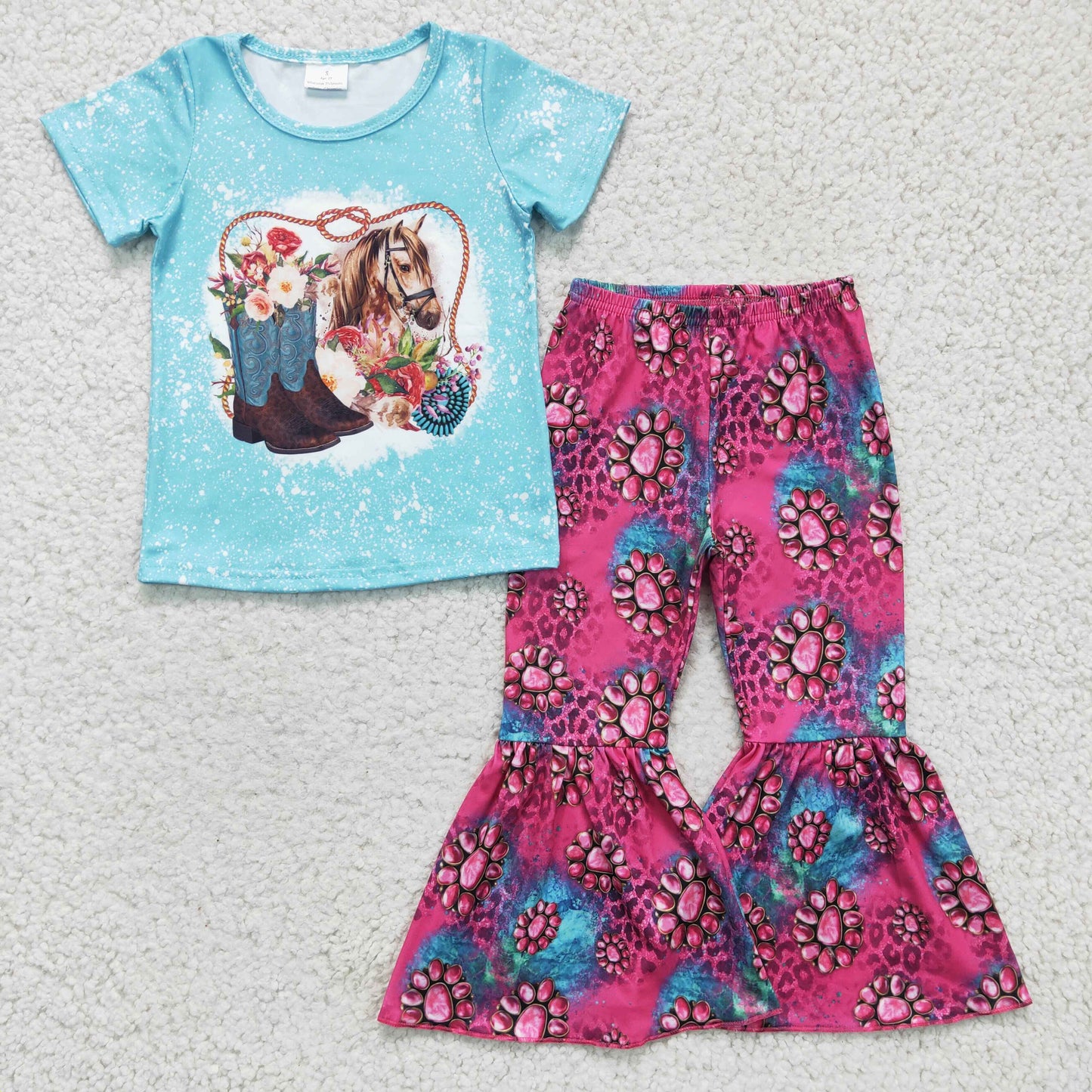 7 Colors Horse Western Print Bell Pants Girls Clothes Set