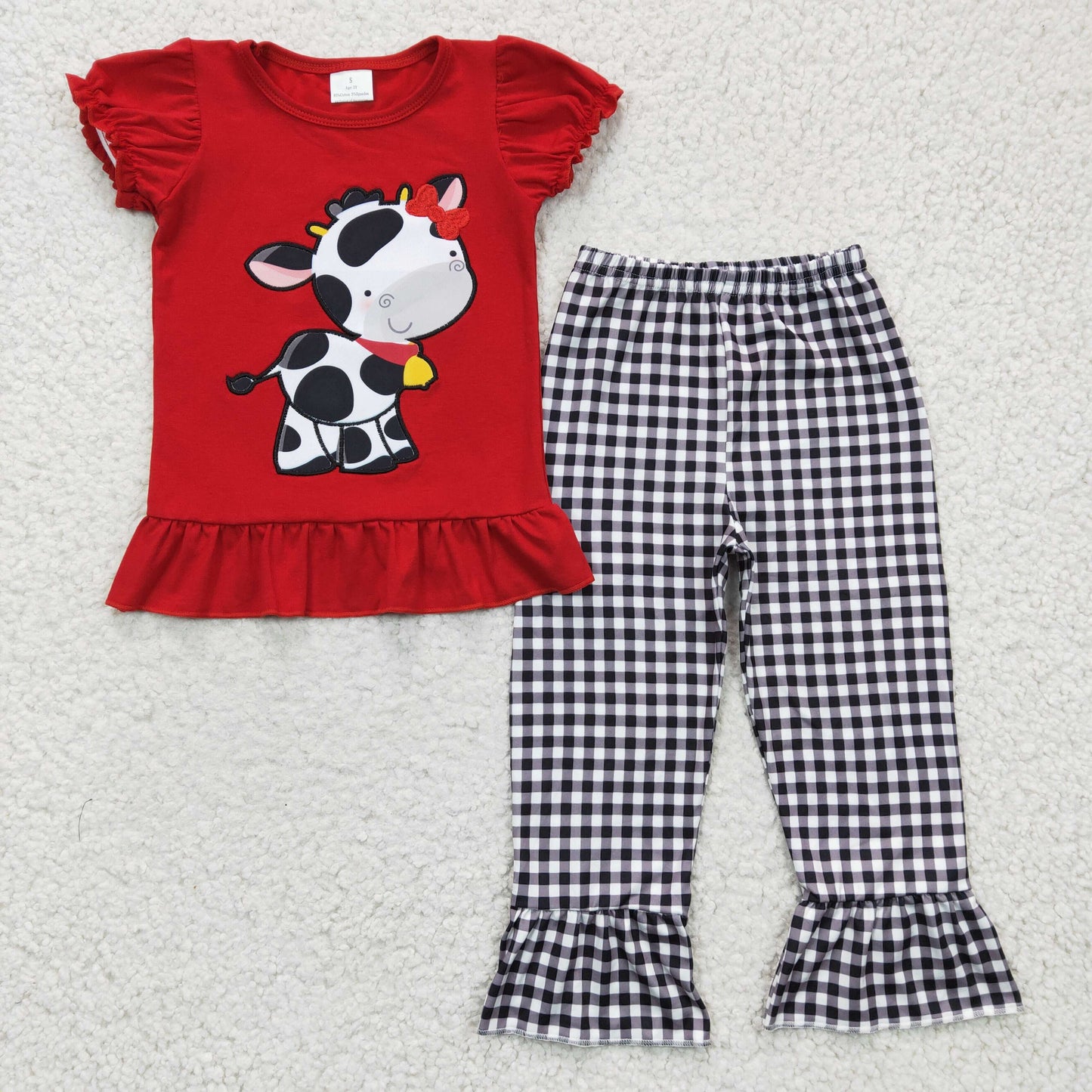 (Promotion)Cow Embroidery Red Top Plaid Pants Sibling Matching Clothes Set