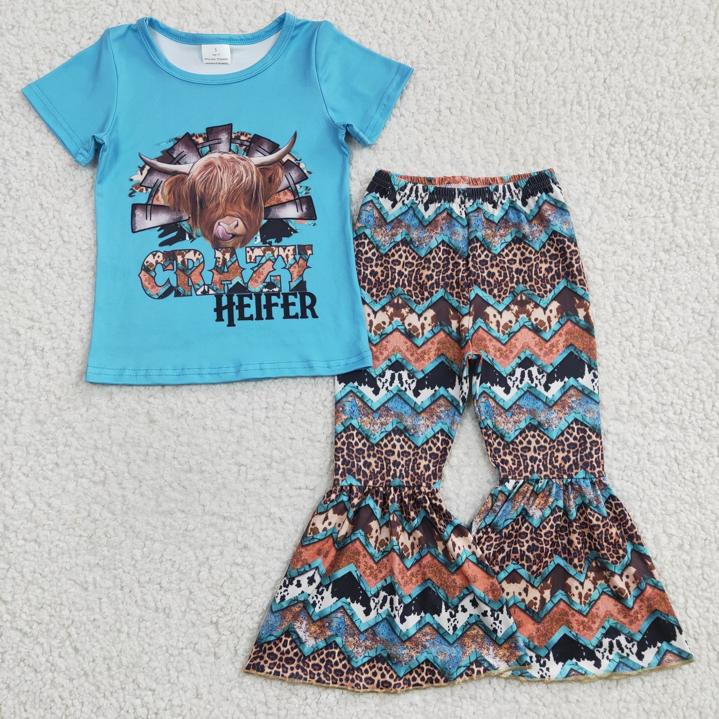 8 Colors Highland Cow Western Print Bell Pants Girls Clothes Set