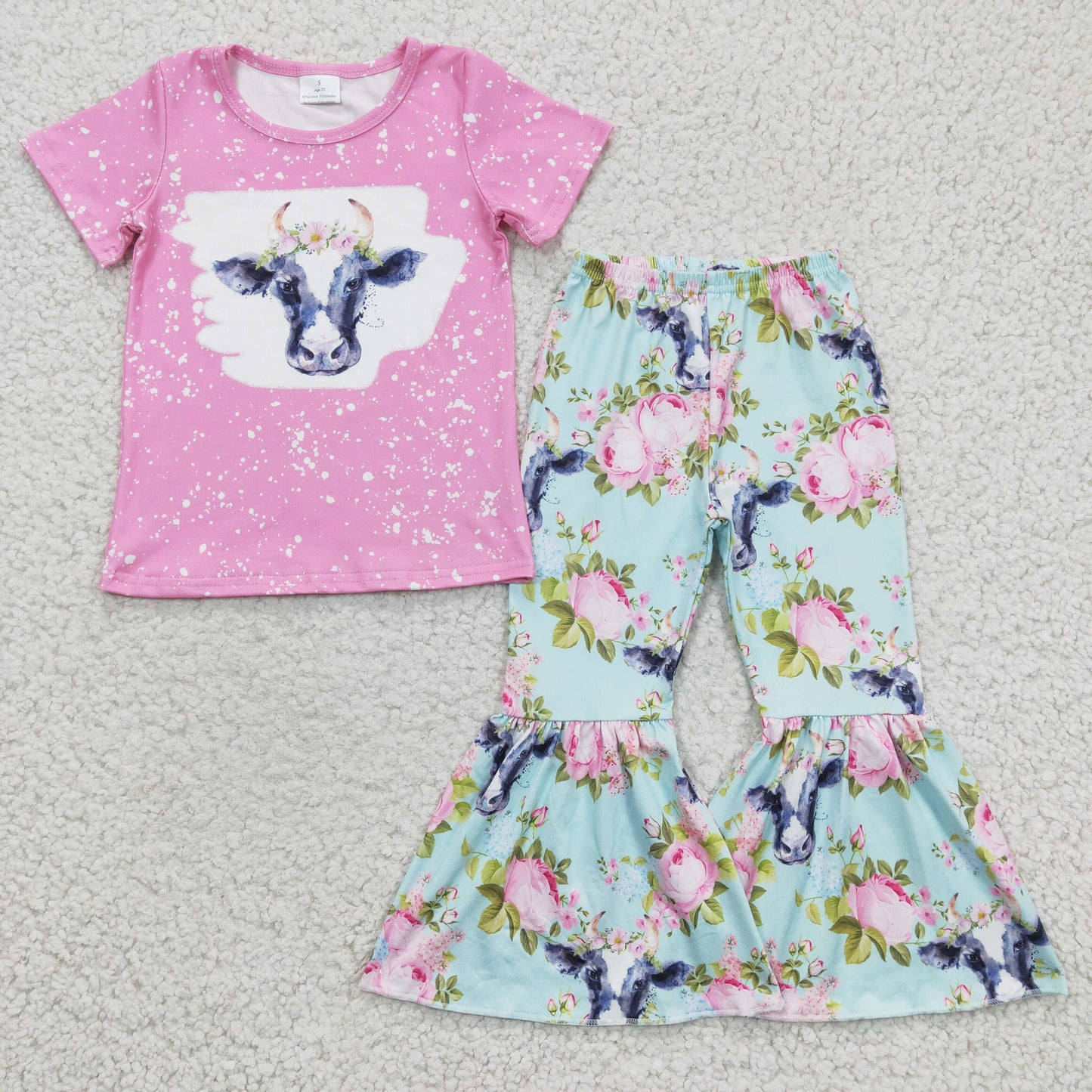 8 Colors Highland Cow Western Print Bell Pants Girls Clothes Set