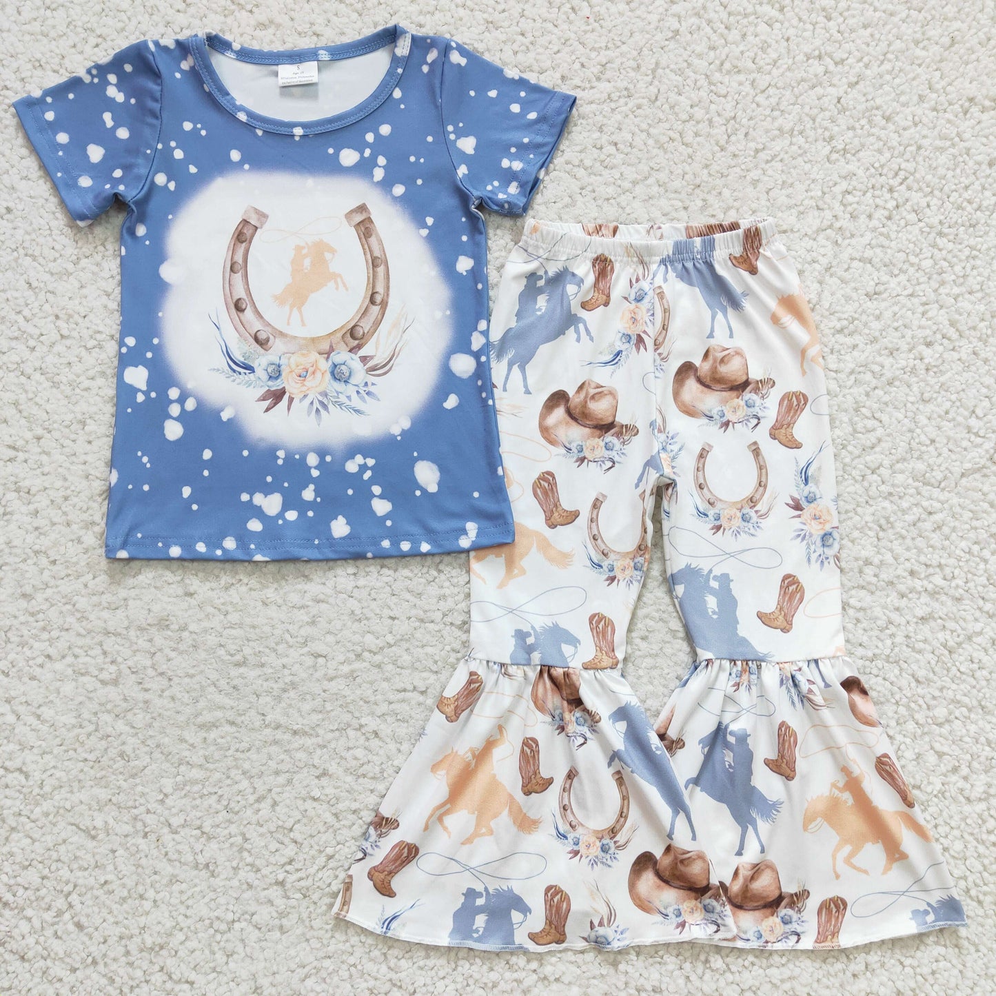 5 Colors Rodeo Western Print Bell Pants Girls Clothes Set