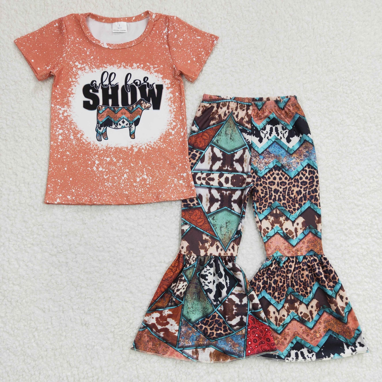 8 Colors Highland Cow Western Print Bell Pants Girls Clothes Set