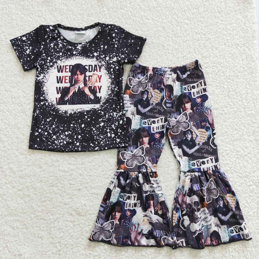 (Promotion)GSPO0586 Girls black Wednesday design bell pants outfits