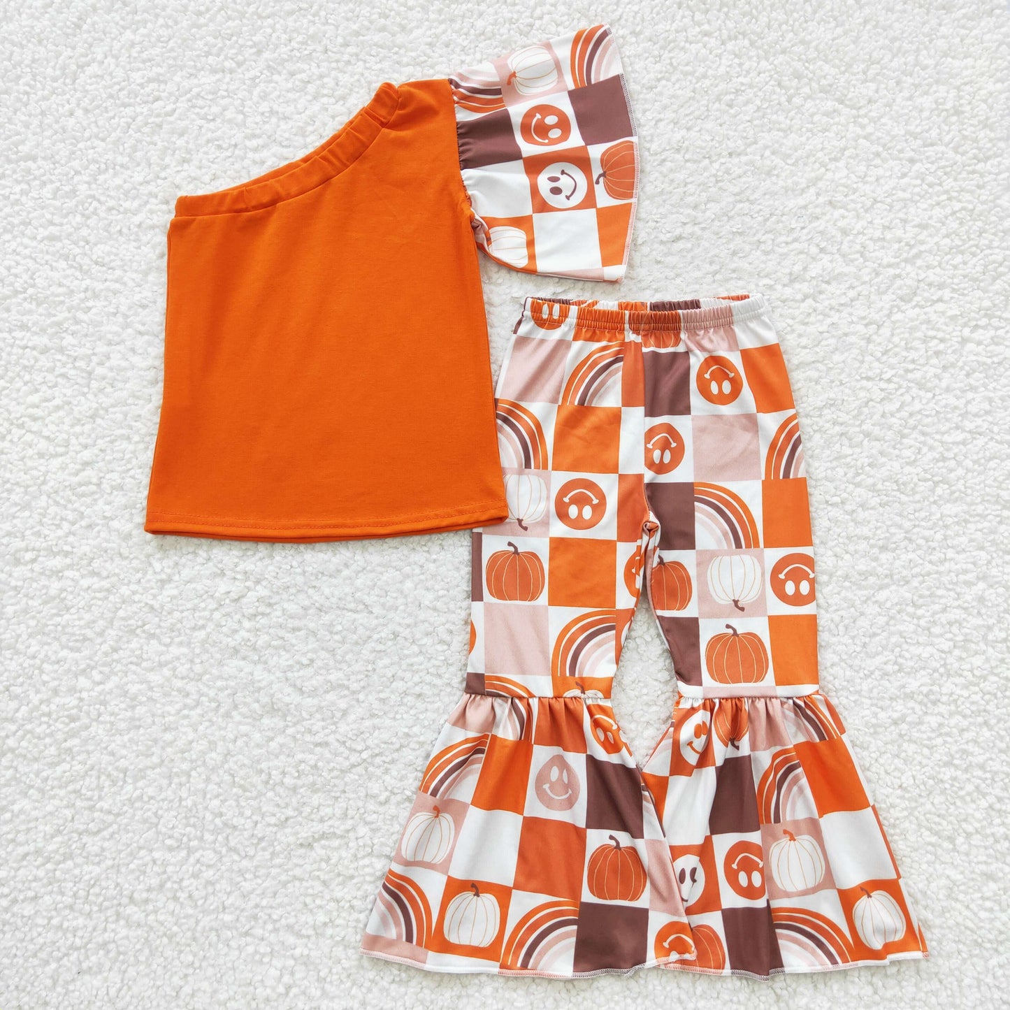GSPO0620 Orange one shoulder top plaid punpkin bell pants 3 pieces outfits