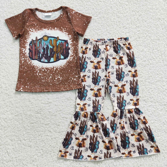 (Promotion)GSPO0647 Girls brown top highland cow print pants kids western clothes set