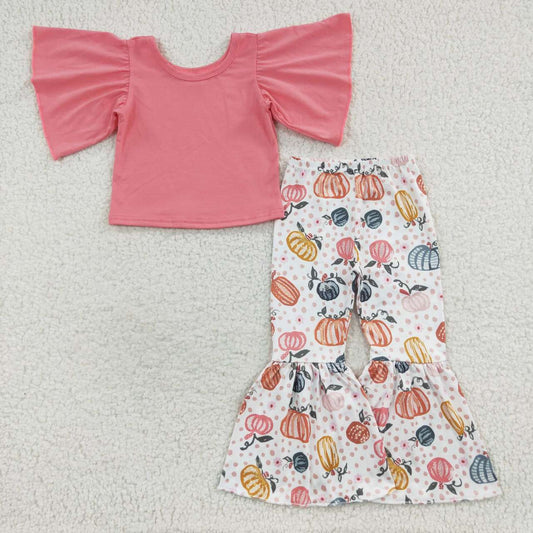 GSPO0670 Girls cotton top fall pumpkin bell bottom pants outfits