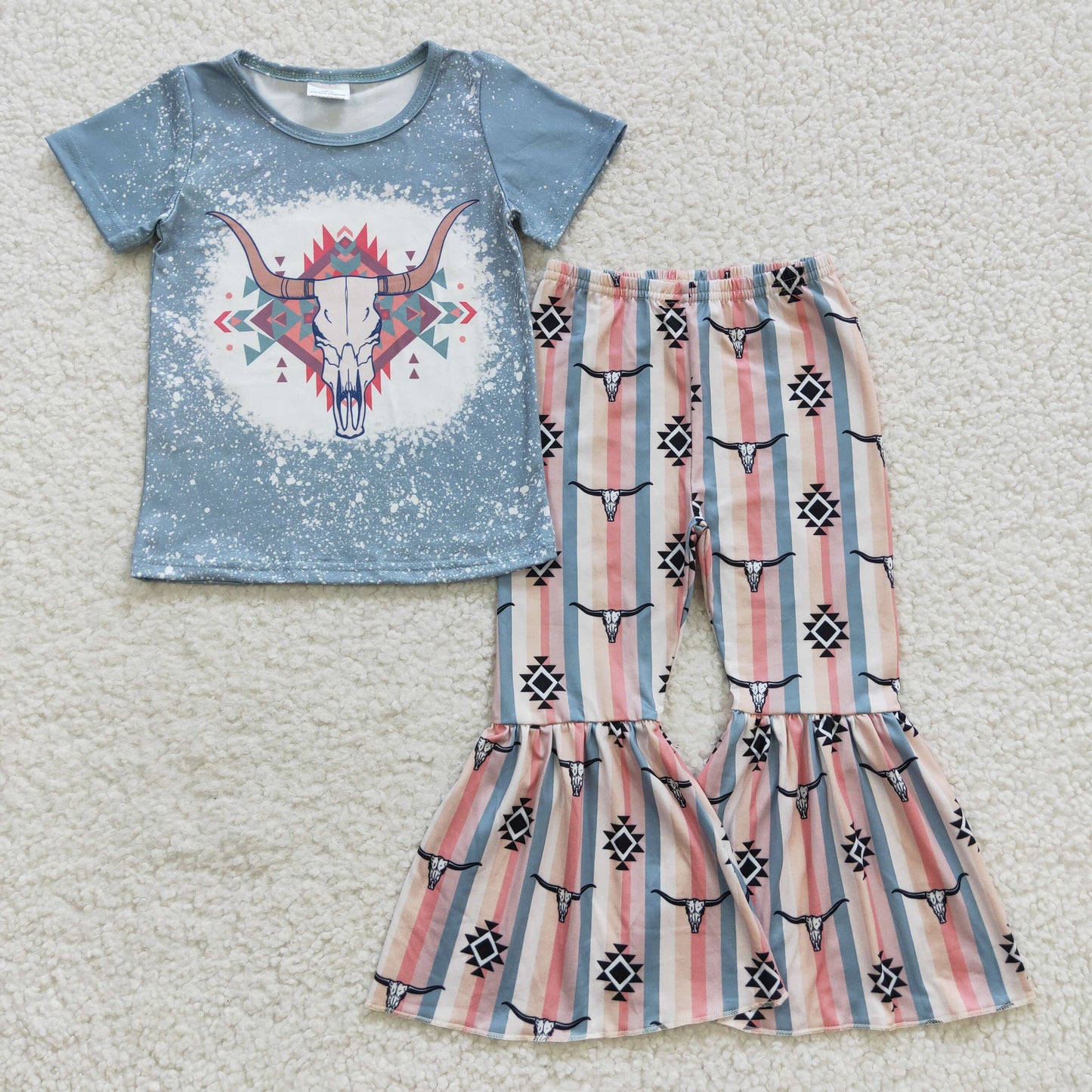 7 Colors Cow Skull Western Print Bell Pants Girls Clothes Set