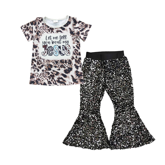 GSPO0713 Girls jesus leopard top black sequined bell bottom pants western clothes set