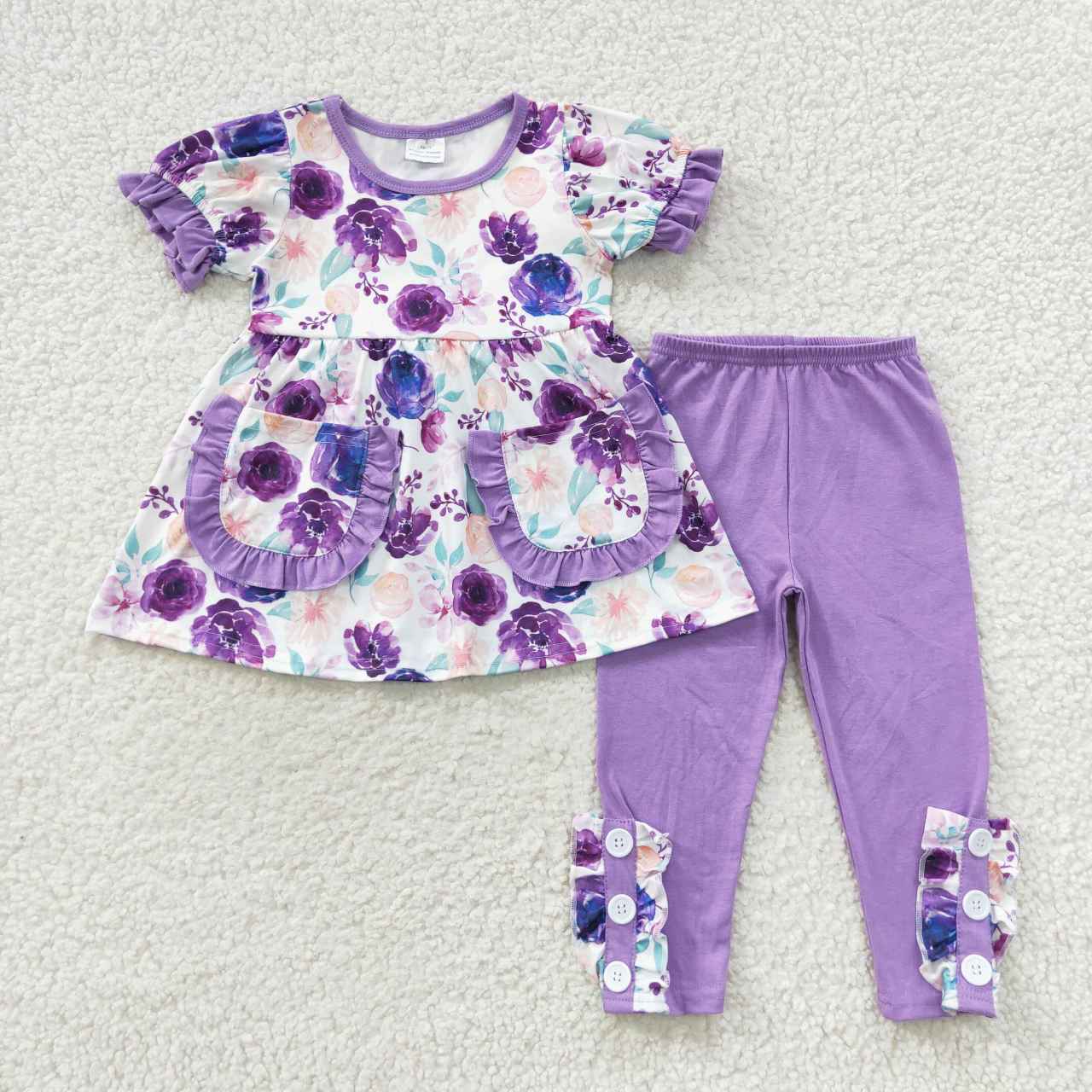 GSPO0756 Purple flowers tunic pockets top legging pants girls clothes set